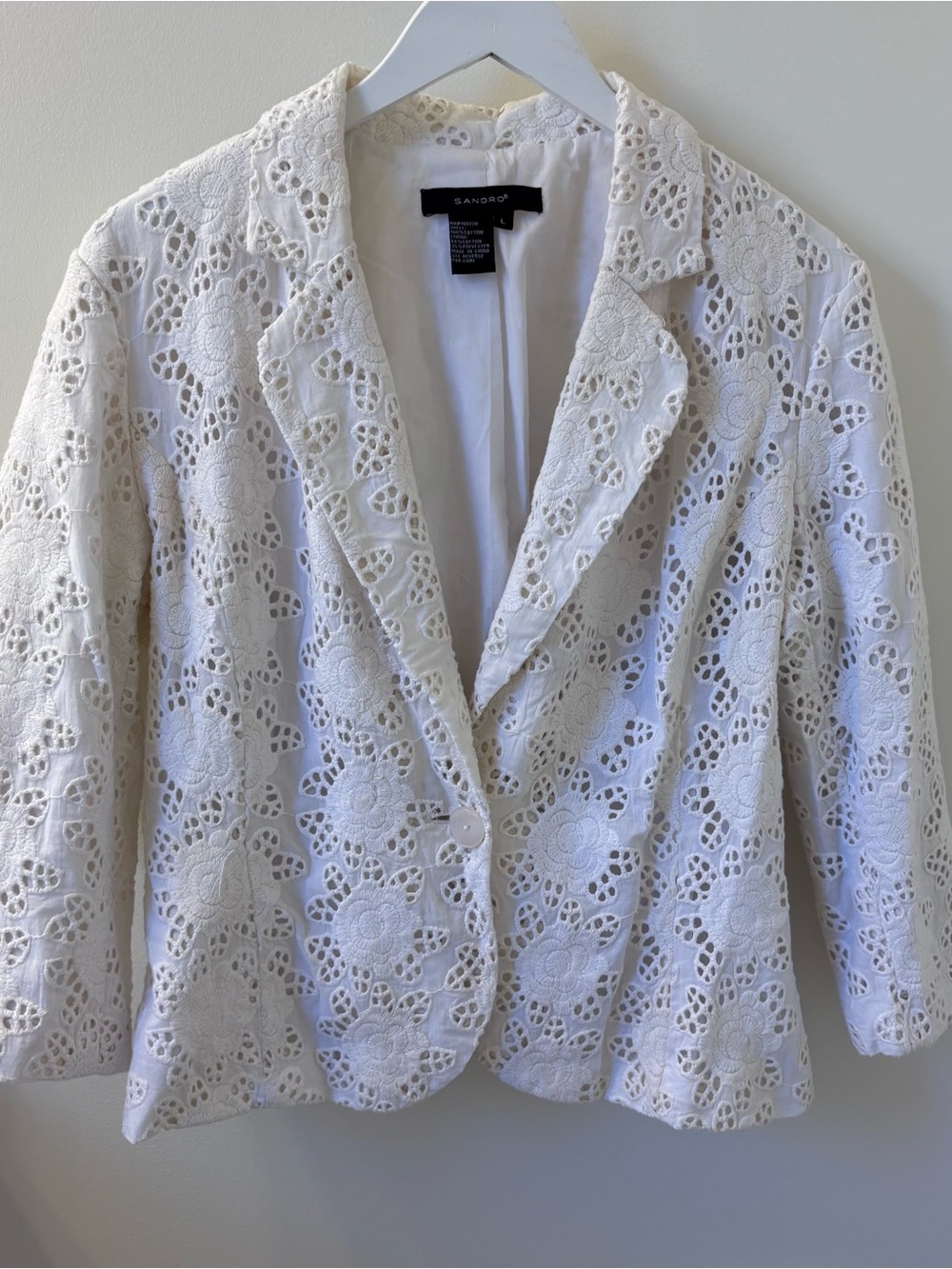 White Floral Eyelet Embroidered jacket, Sz L.